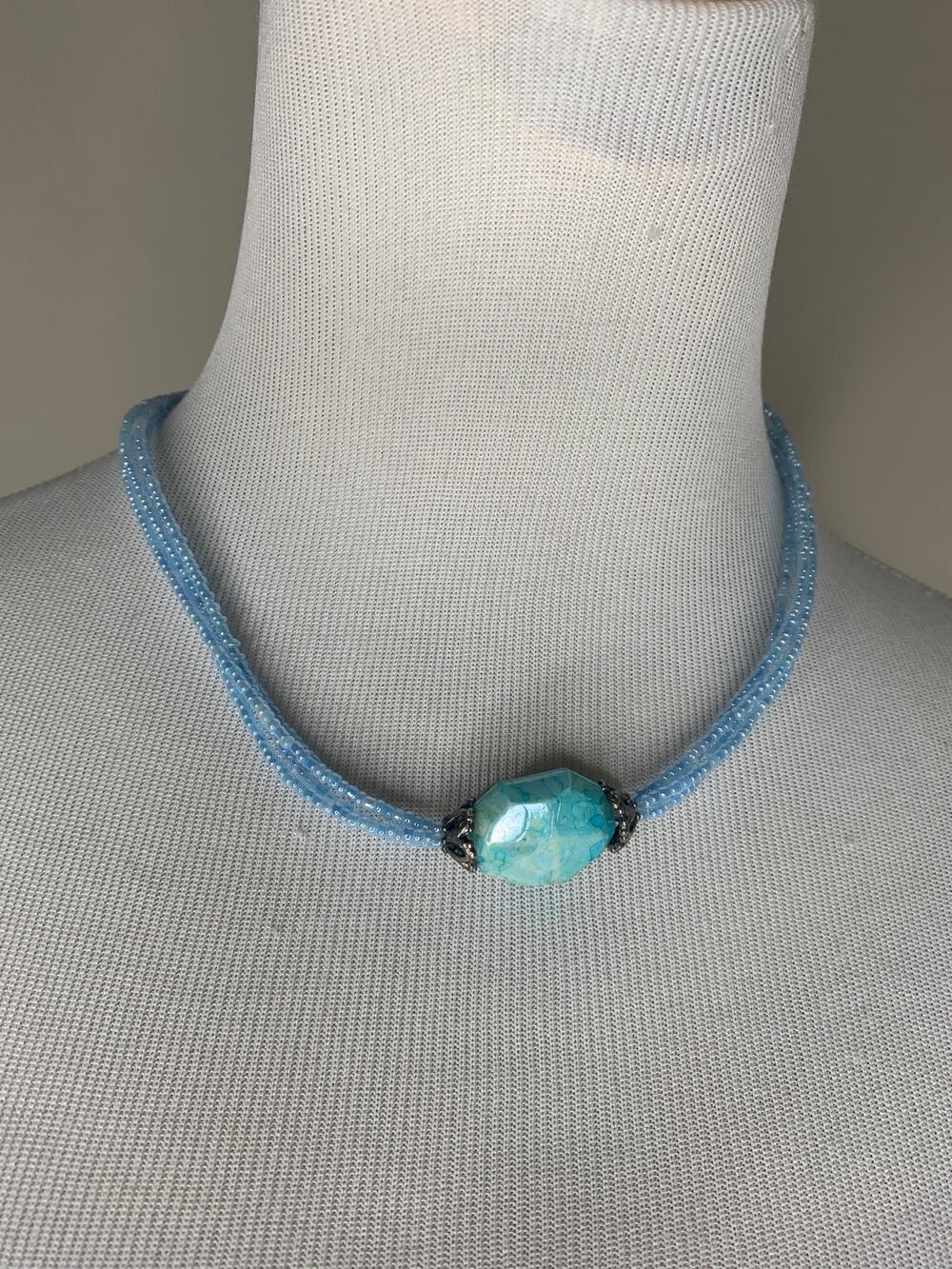 Blue Glass Bead Four Strand w Center Stone Gold Hardware 16.5"